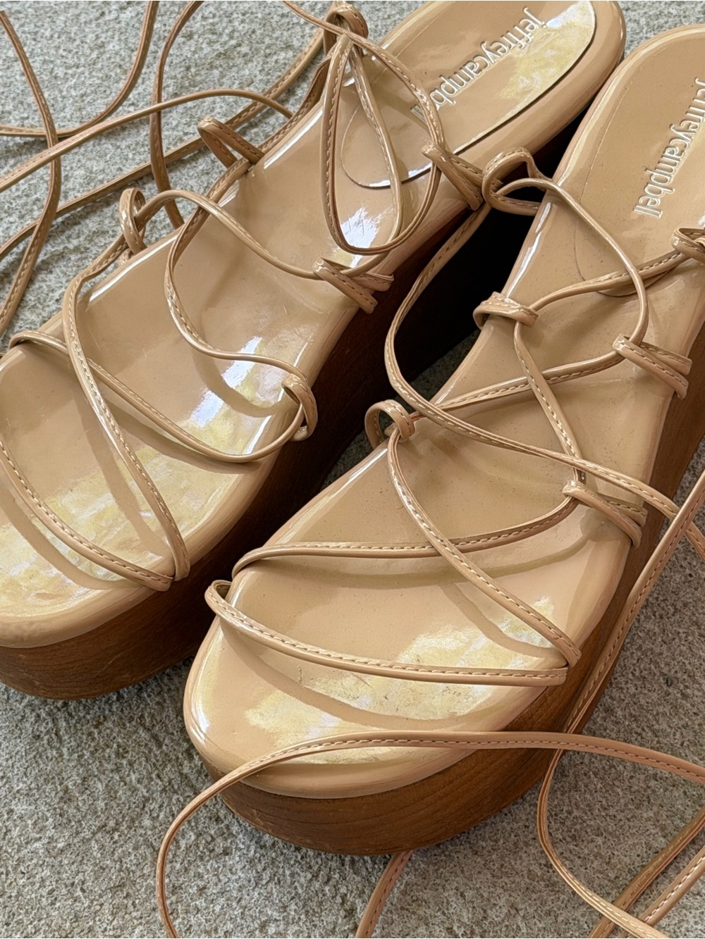 RARE Jeffrey Campbell Nude Patent Lace-Up Platform Wood Block Wedges